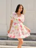 Floral Print Puff Sleeve Dress sold by COMMENSE