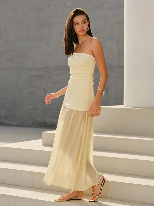 Semi-Sheer Strapless Ruched Maxi Dress sold by COMMENSE