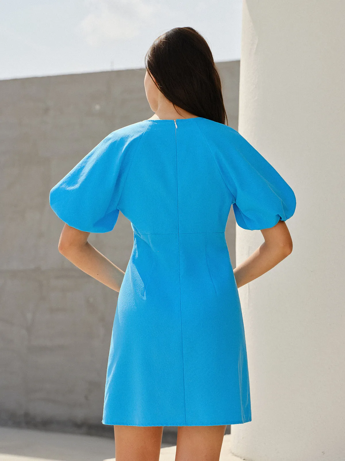 Buttoned Puff-Sleeve Round Neck Mini Dress sold by COMMENSE product image thumbnail 4