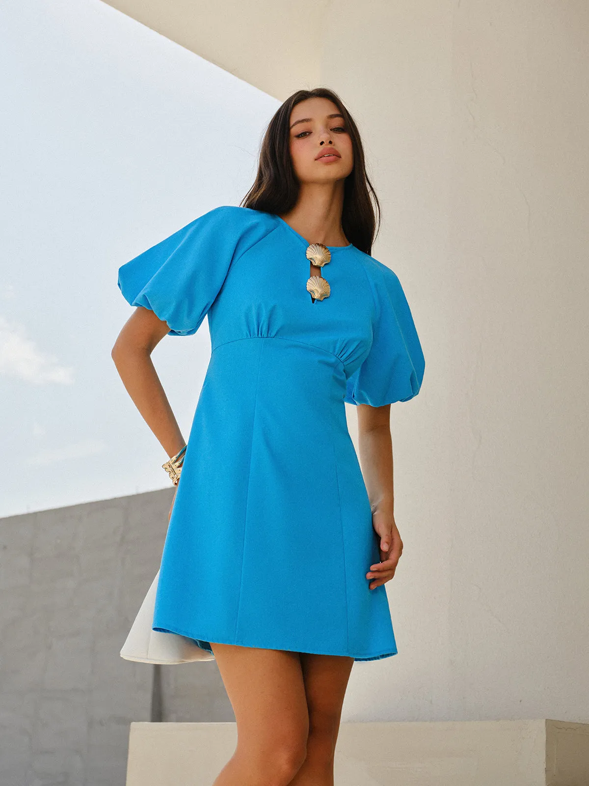 Buttoned Puff-Sleeve Round Neck Mini Dress sold by COMMENSE product image thumbnail 2