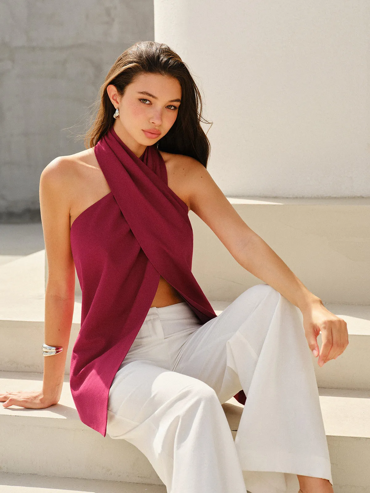 Halter-Style Cross-Neckline Backless Top sold by COMMENSE