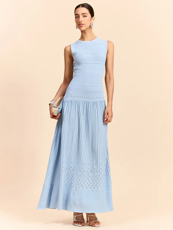 Sleeveless Knit Eyelet Pleated Maxi Dress sold by COMMENSE