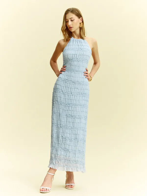 Textured Ruffled Chiffon Halter Neck Maxi Dress sold by COMMENSE