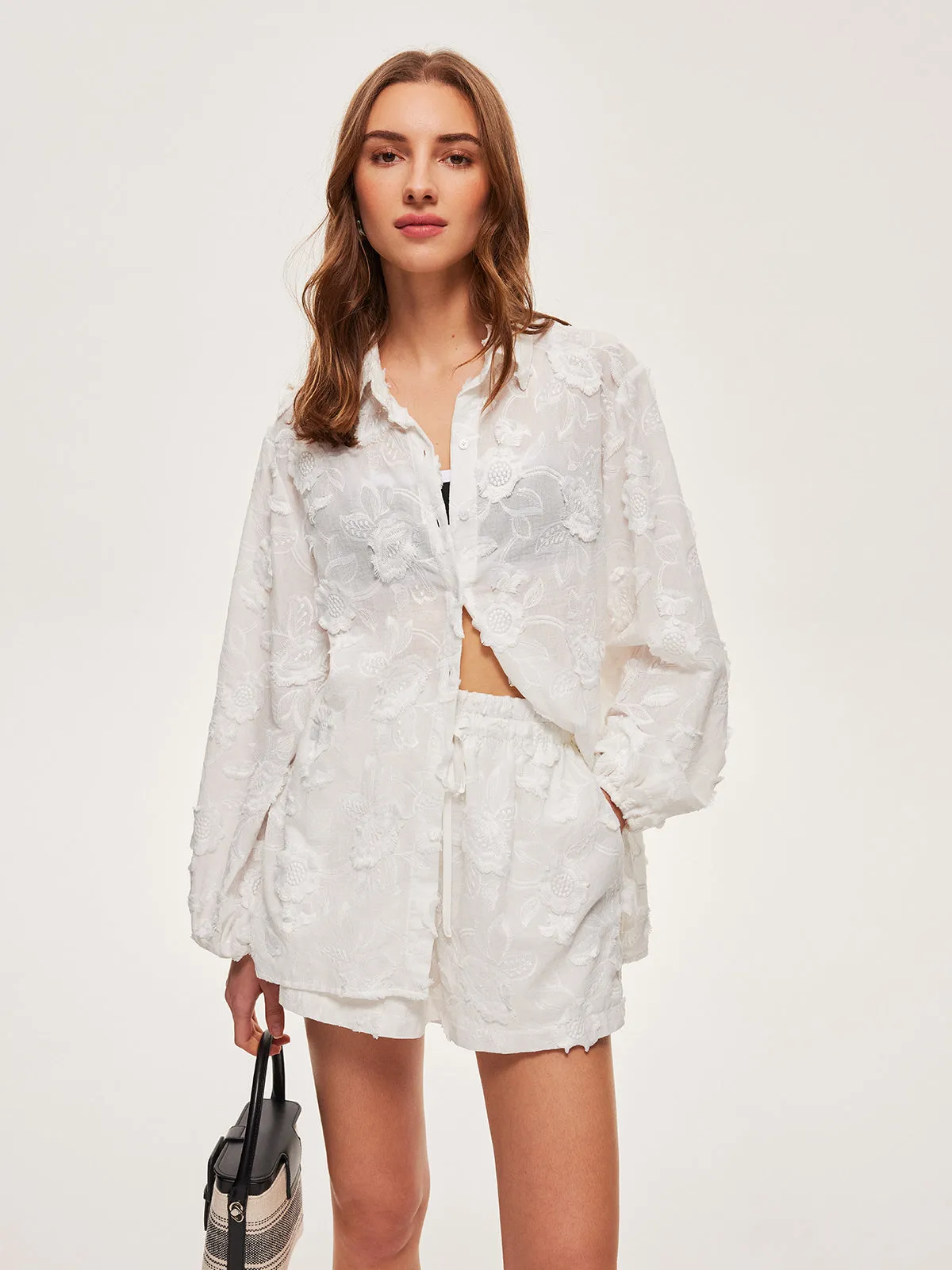 Semi-Sheer Cotton Embroidered Shirt With Shorts Set sold by COMMENSE