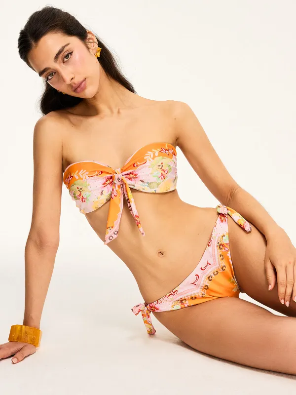 Floral Print Bandeau Bikini Set With Side Tie sold by COMMENSE