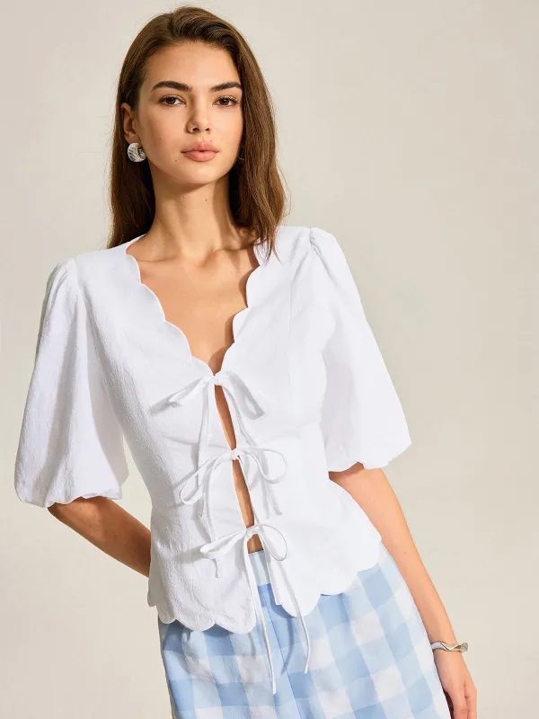 Cotton & Linen Scallop Trim Puff Sleeve Top sold by COMMENSE
