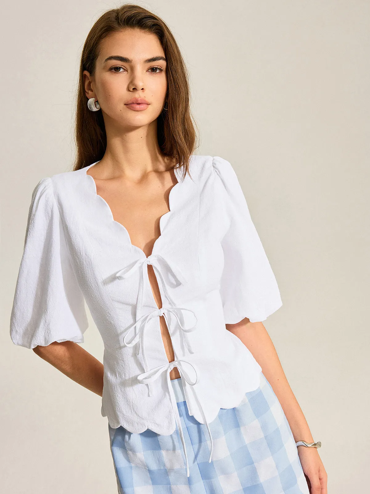 Cotton & Linen Scallop Trim Puff Sleeve Top sold by COMMENSE