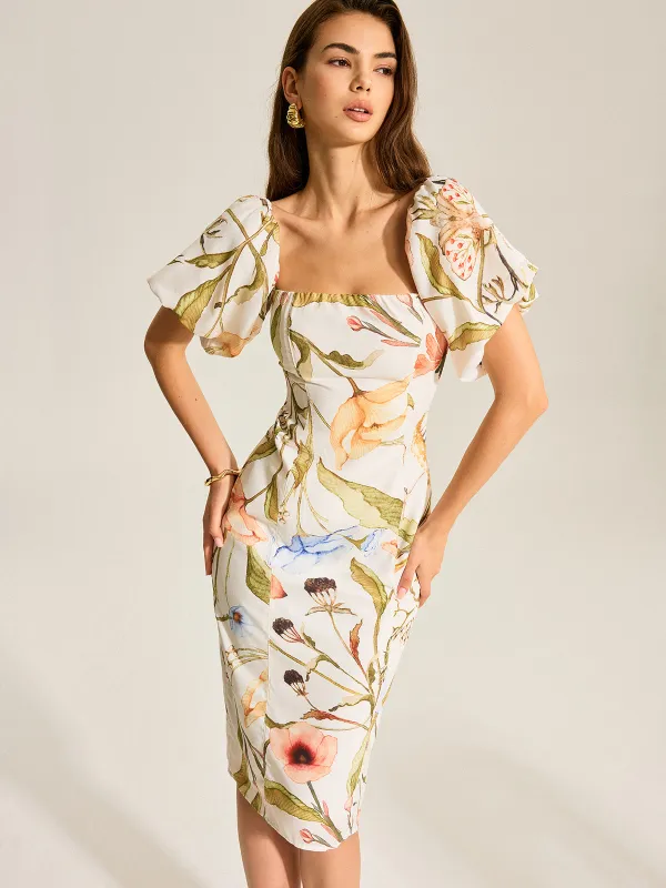 Floral Puff Sleeve Backless Dress sold by COMMENSE