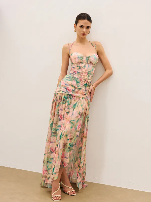 Floral Print Ruched Cami Dress With High Split sold by COMMENSE