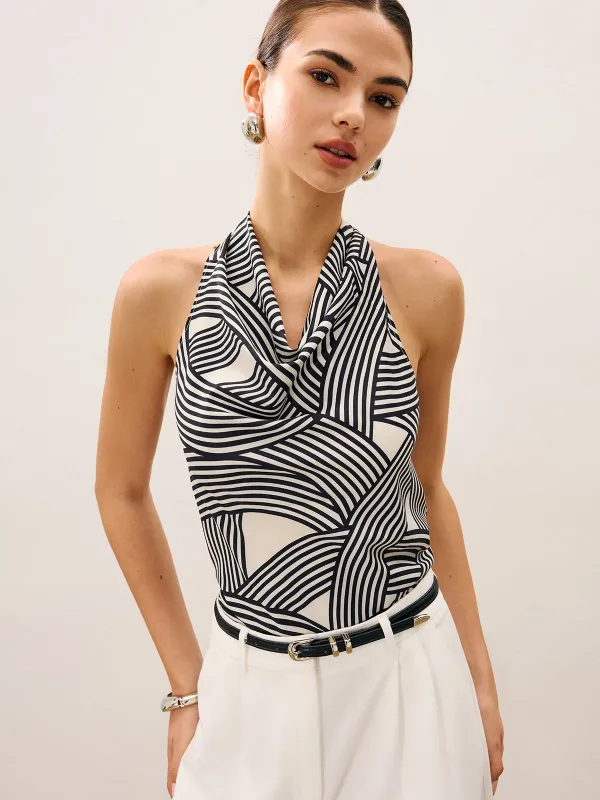 Abstract Stripe Print Cowl Neck Halter Top sold by COMMENSE