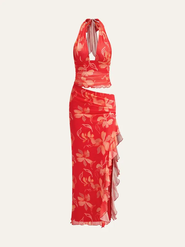 Semi-Sheer Ruffled Floral Halter Dress sold by COMMENSE