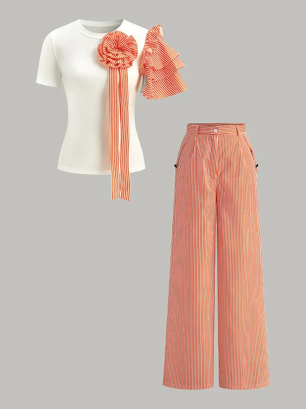 Striped Rosette Detail Top With Pants Set sold by COMMENSE