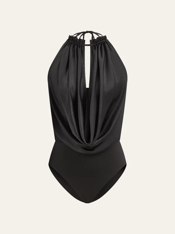 Satin Draped Halter Bodysuit sold by COMMENSE