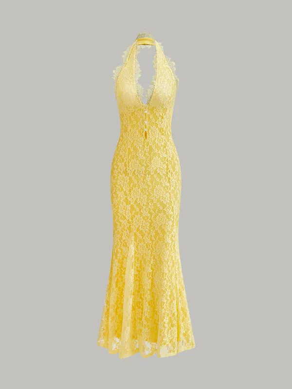 Halter Neck Floral Lace Dress sold by COMMENSE