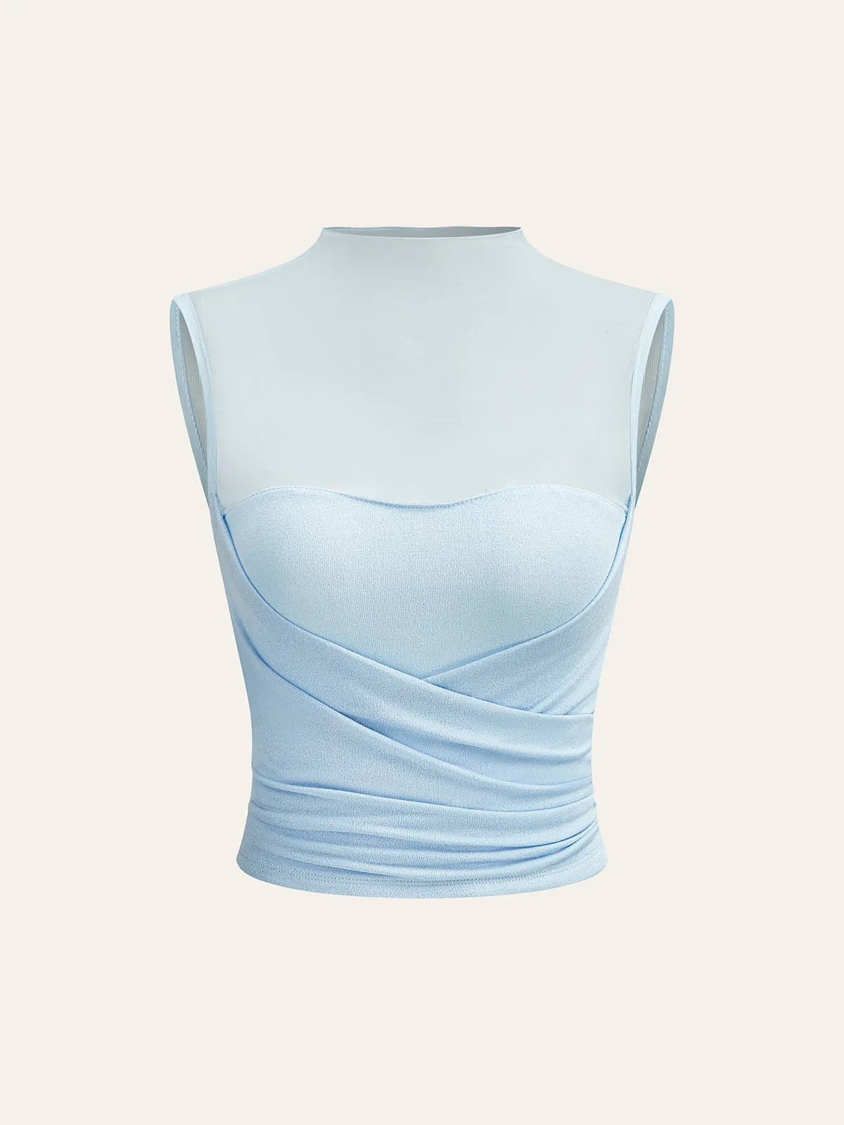 Semi-Sheer Mesh Panel Wrap Top sold by COMMENSE