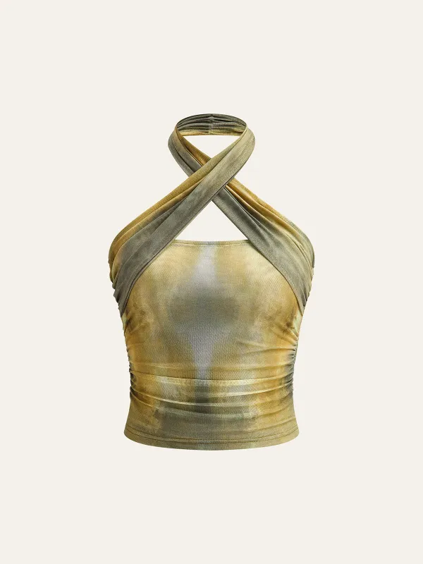 Tie-Dye Mesh Cross Halter Top sold by COMMENSE