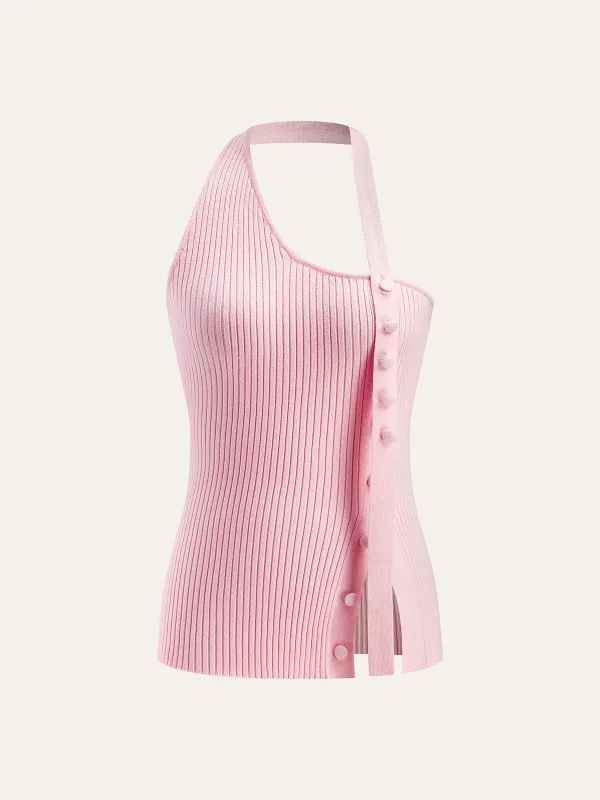 Asymmetrical Halter Button Knit Top made by COMMENSE