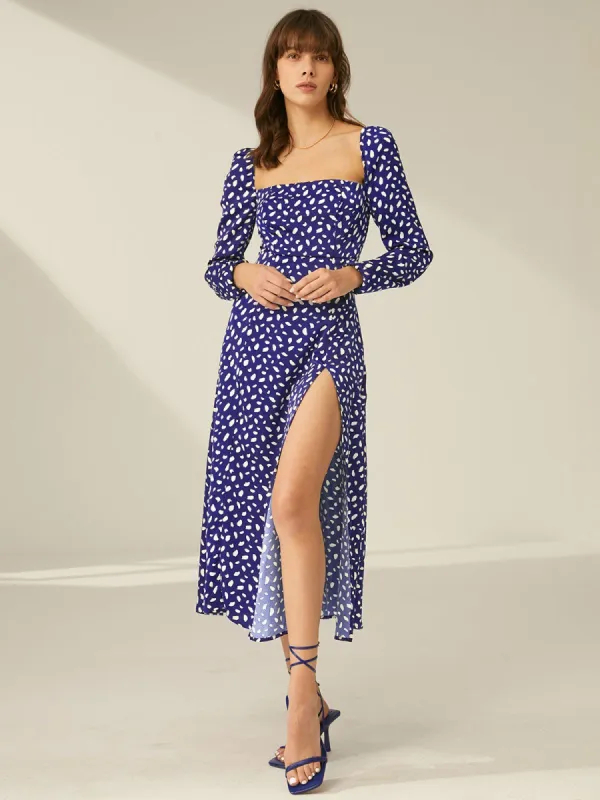 Square Neck Long Sleeve Patterned Slit Dress sold by COMMENSE