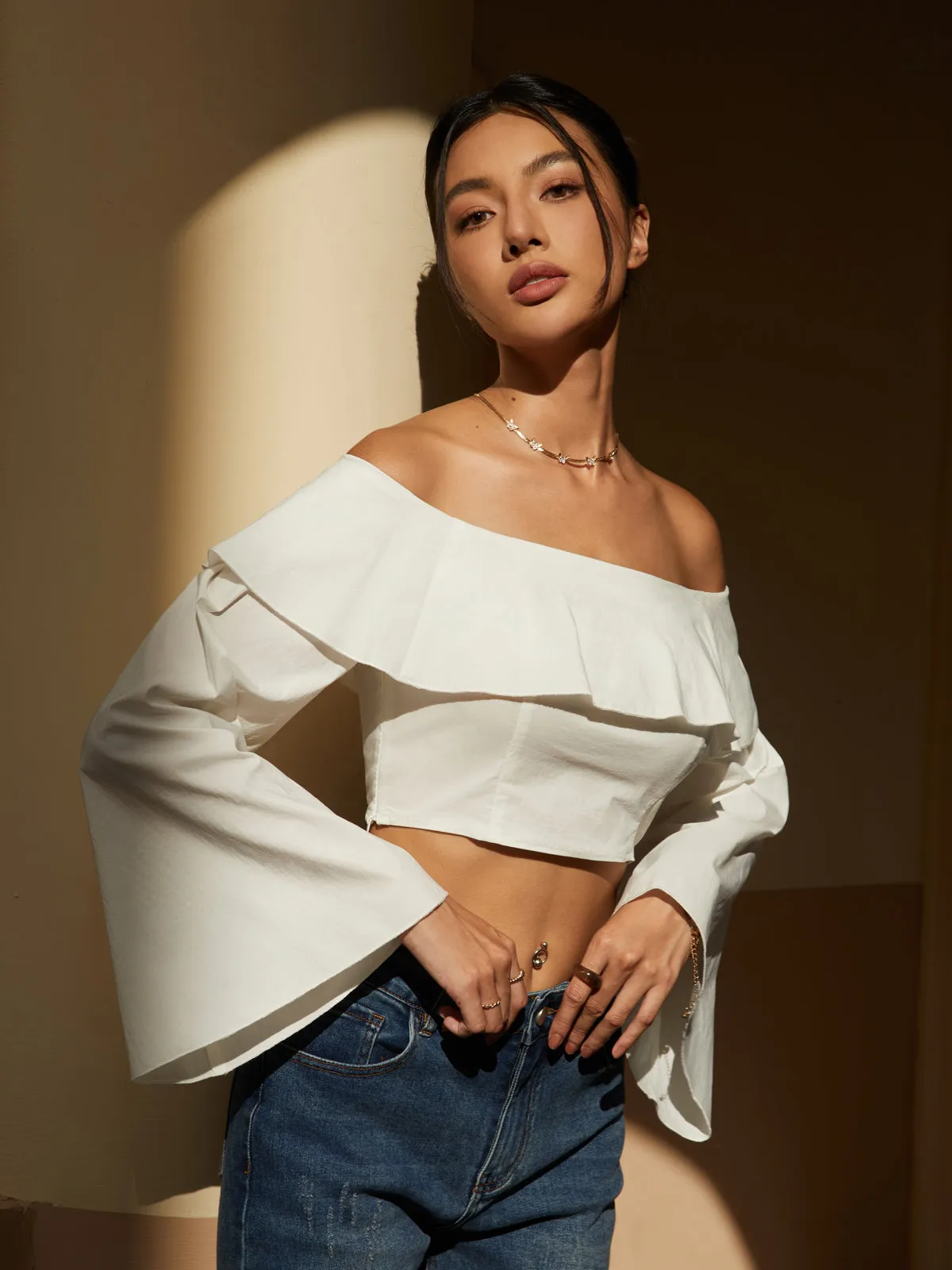 Off-Shoulder Ruffle Hem Long Sleeve Blouse sold by COMMENSE product image thumbnail 5