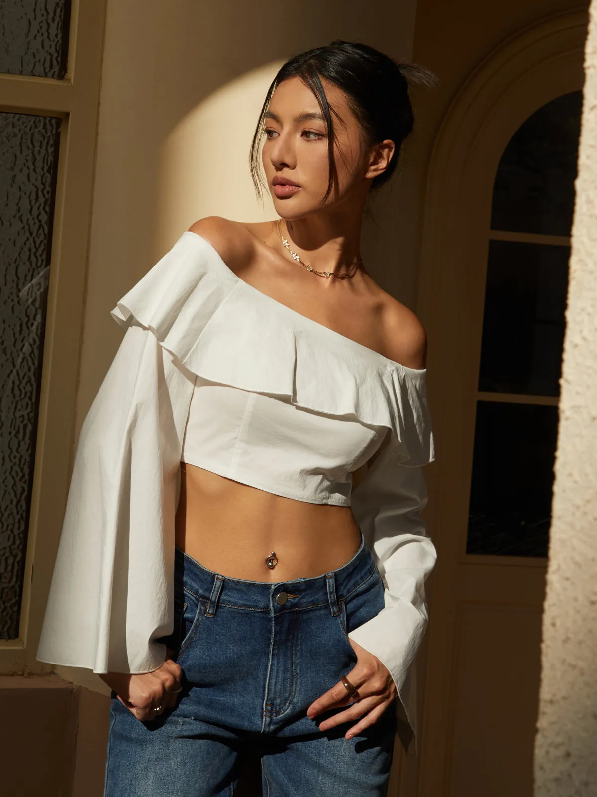 Off-Shoulder Ruffle Hem Long Sleeve Blouse sold by COMMENSE product image thumbnail 4