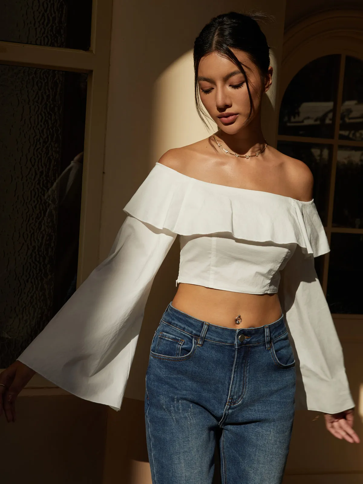 Off-Shoulder Ruffle Hem Long Sleeve Blouse sold by COMMENSE