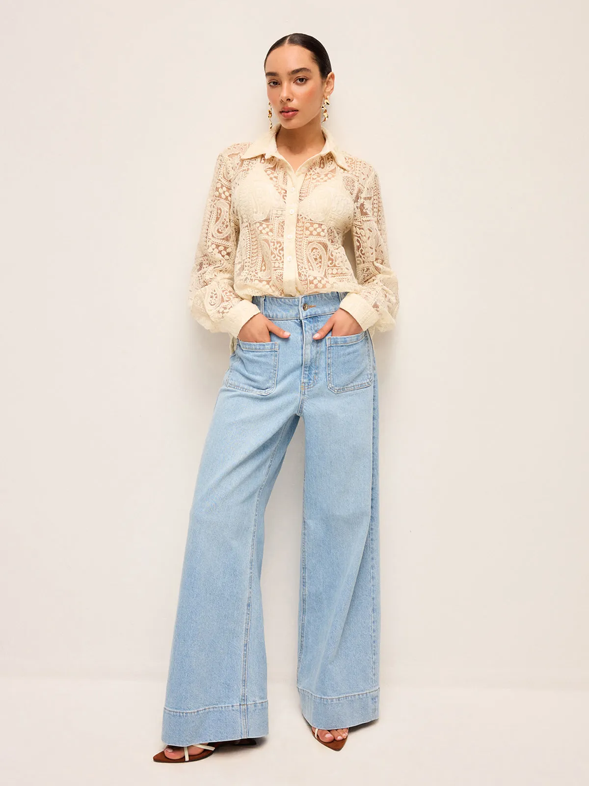 Long-Sleeve Lace Polo Collar Cotton-Blend Shirt sold by COMMENSE product image thumbnail 5