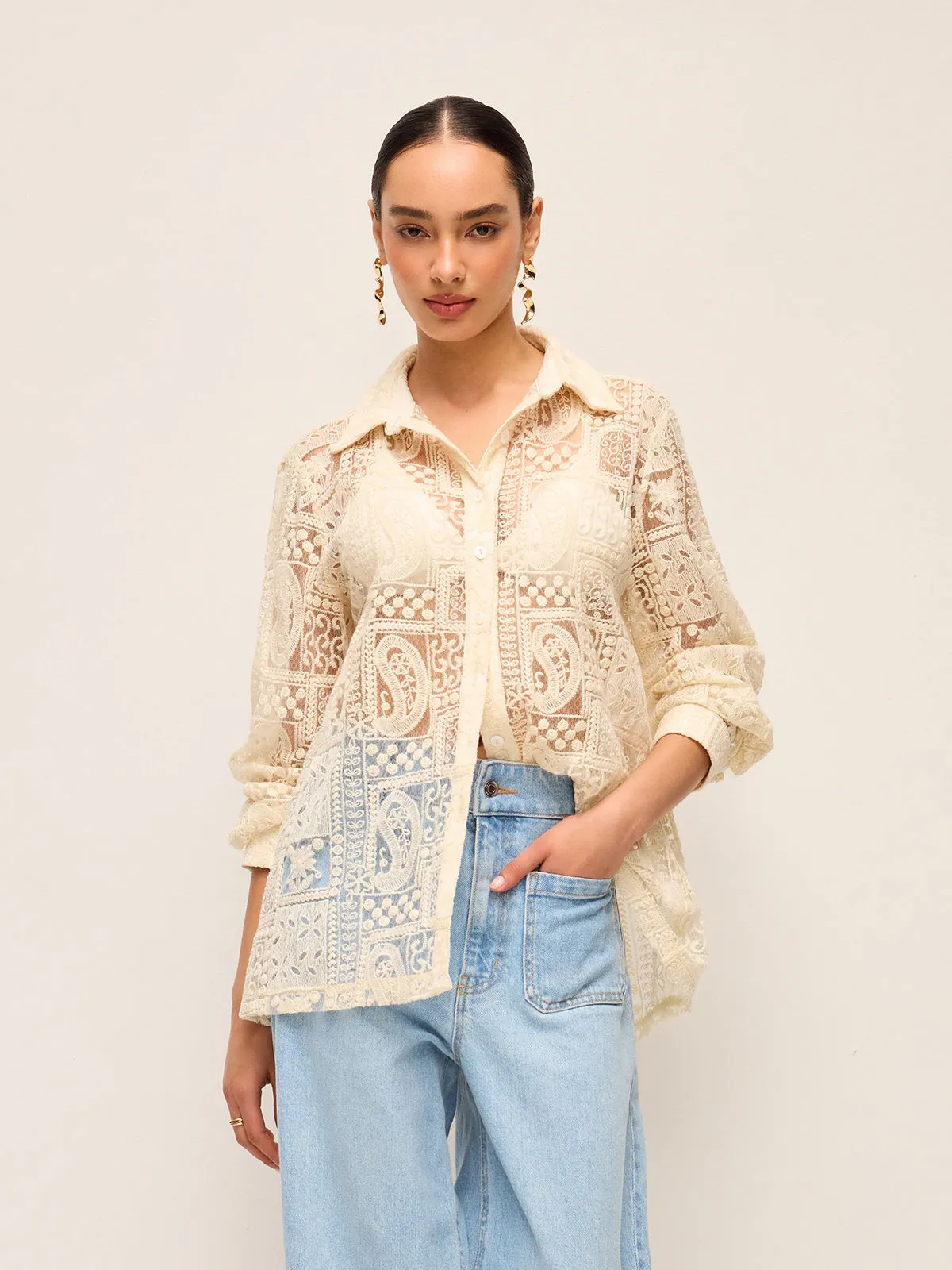 Long-Sleeve Lace Polo Collar Cotton-Blend Shirt sold by COMMENSE product image thumbnail 4