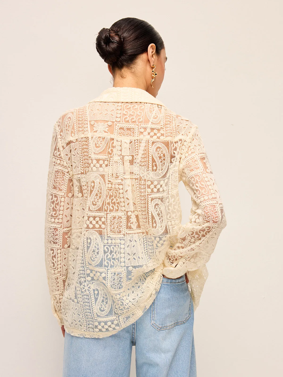 Long-Sleeve Lace Polo Collar Cotton-Blend Shirt sold by COMMENSE product image thumbnail 3