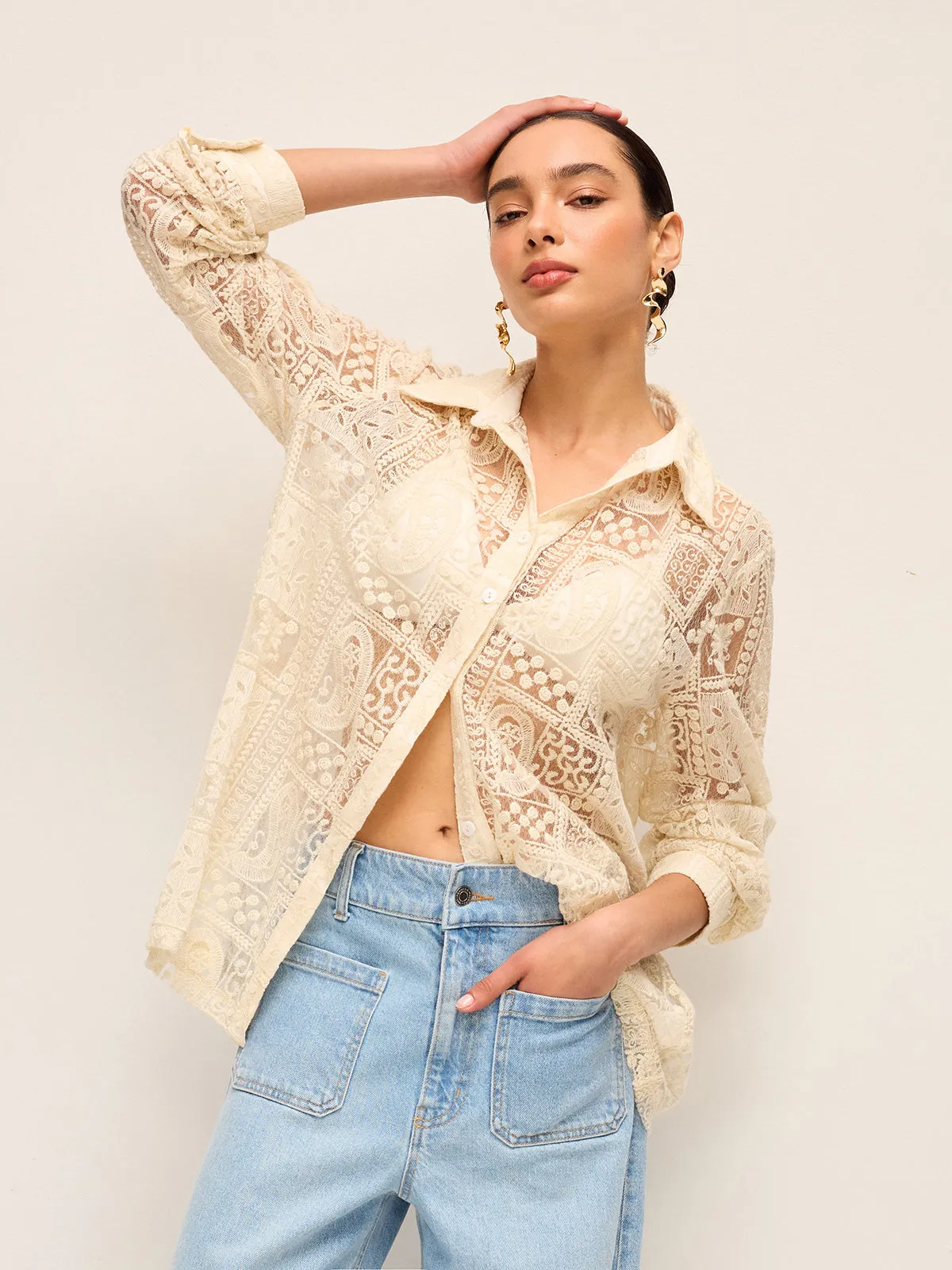 Long-Sleeve Lace Polo Collar Cotton-Blend Shirt sold by COMMENSE