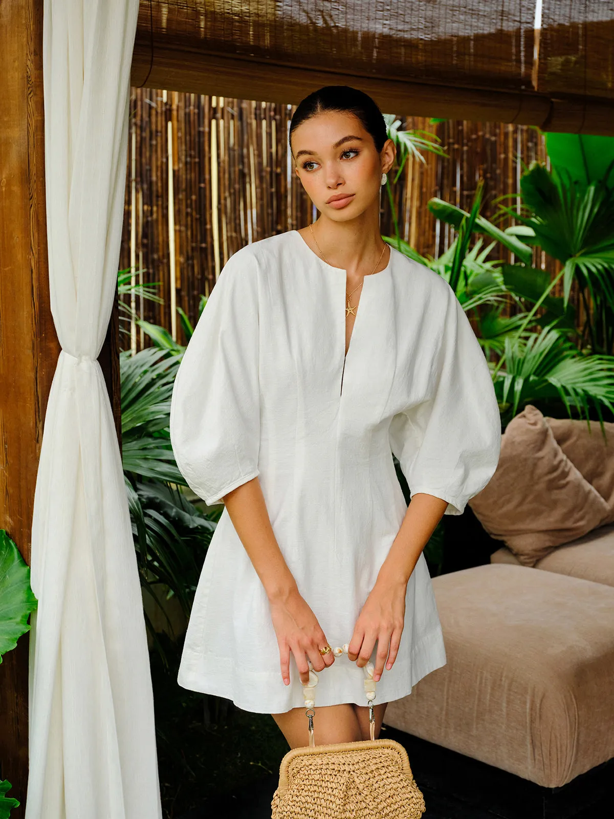 Cotton-Linen Blend V-Neck Puff Sleeve Dress sold by COMMENSE product image thumbnail 4