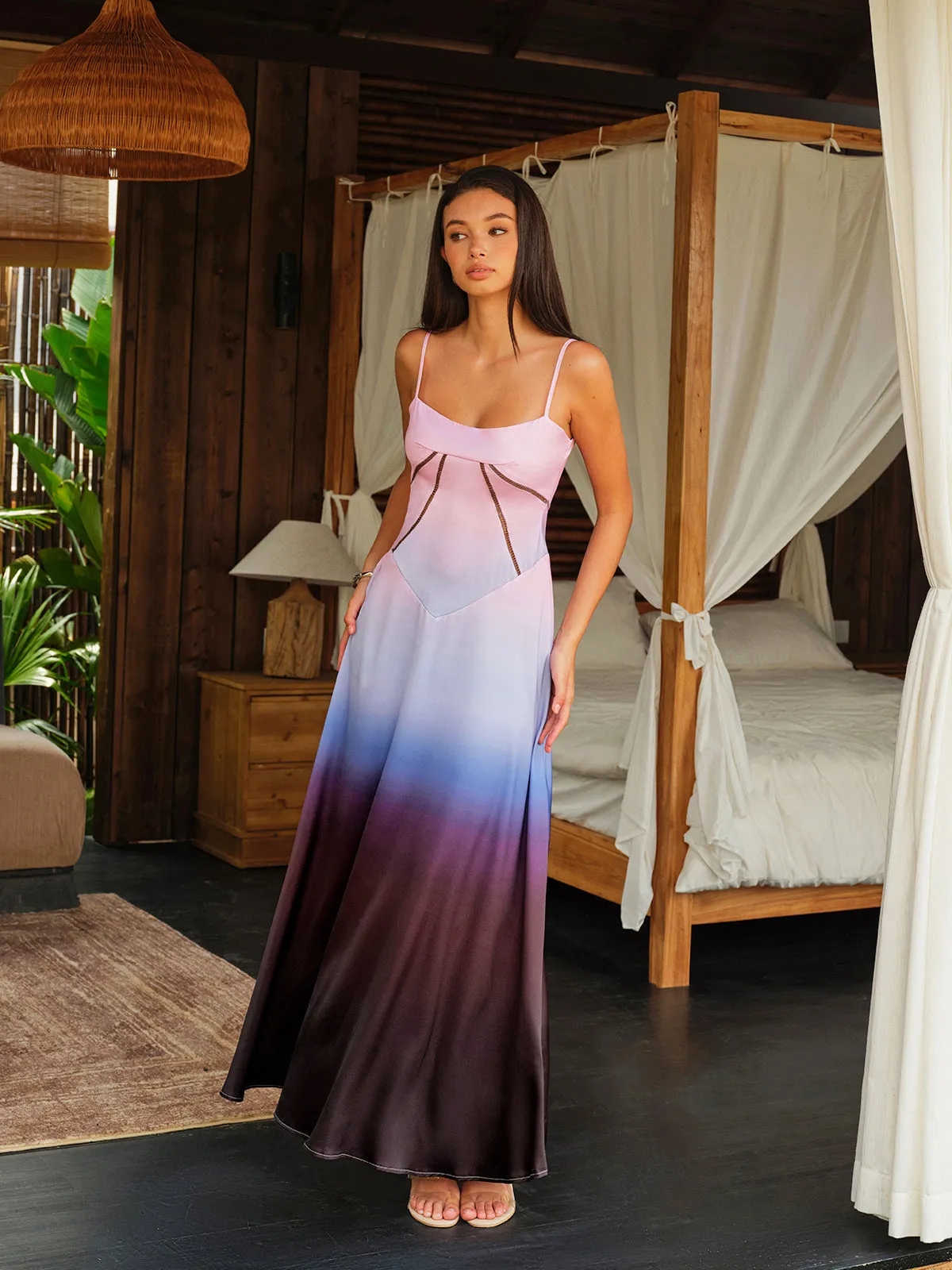 Spaghetti Straps Tie-Dye Gradient Satin Maxi Dress With Lace-Up Back sold by COMMENSE product image thumbnail 2