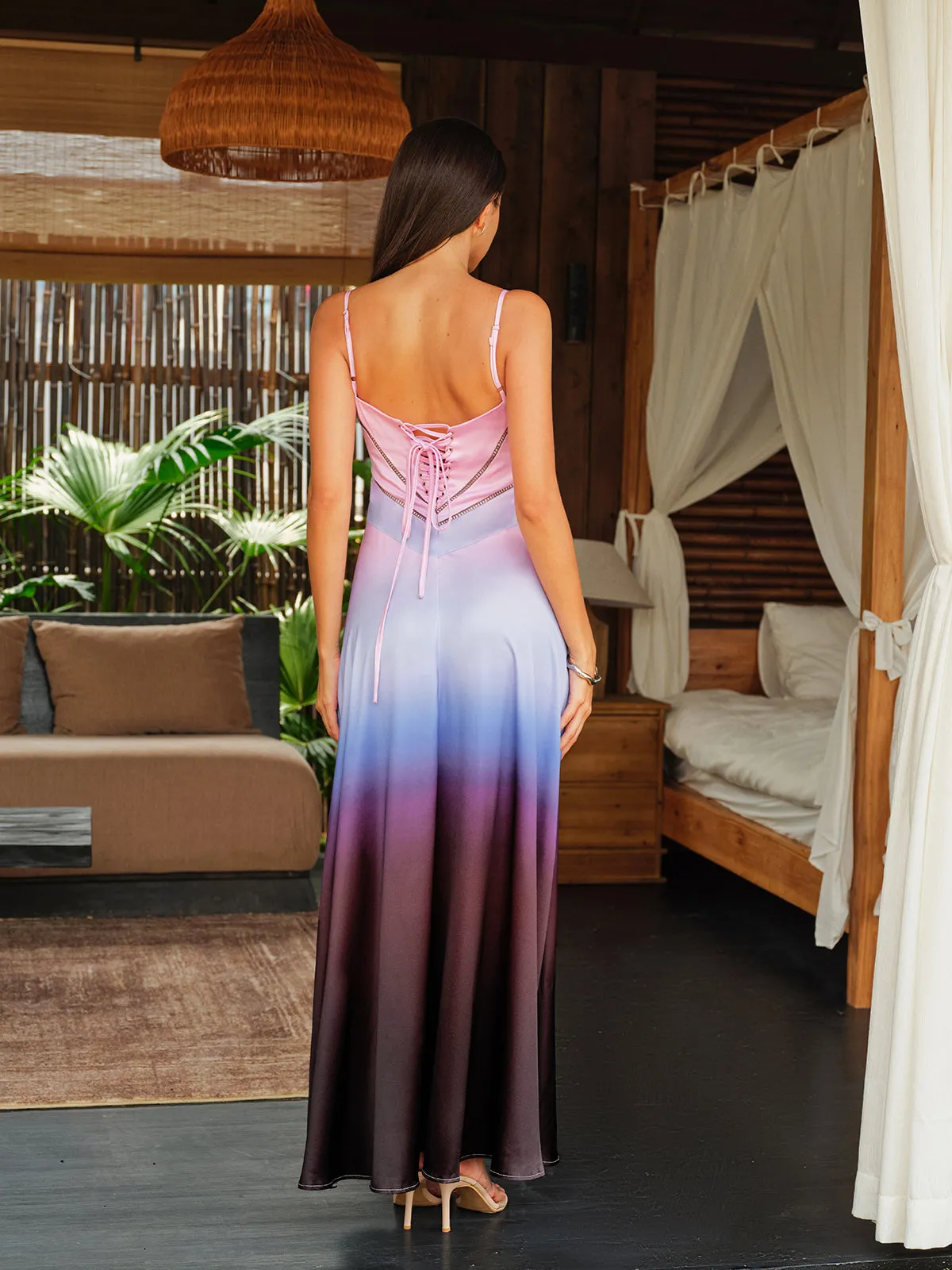 Spaghetti Straps Tie-Dye Gradient Satin Maxi Dress With Lace-Up Back sold by COMMENSE product image thumbnail 5
