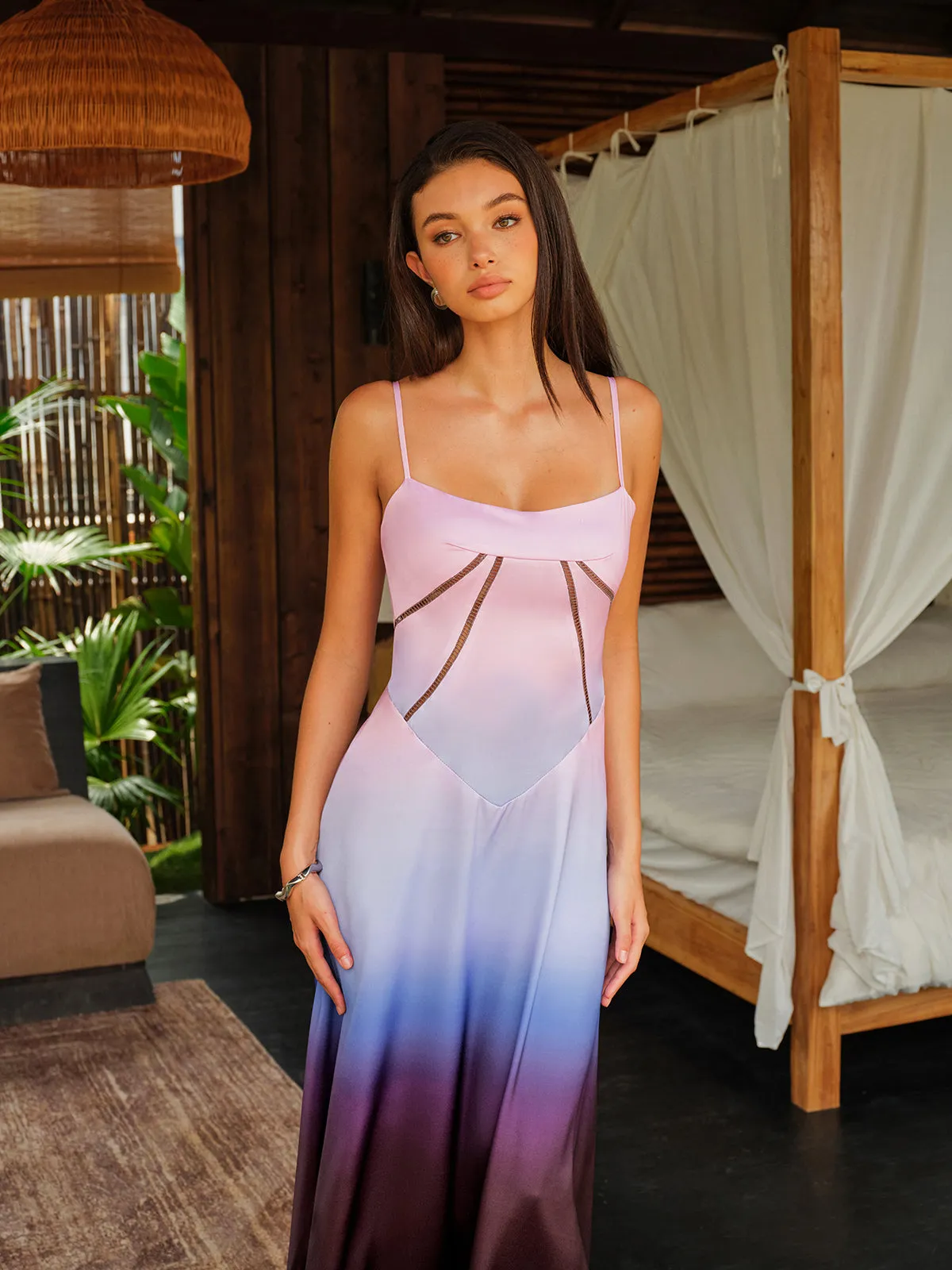 Spaghetti Straps Tie-Dye Gradient Satin Maxi Dress With Lace-Up Back sold by COMMENSE product image thumbnail 3