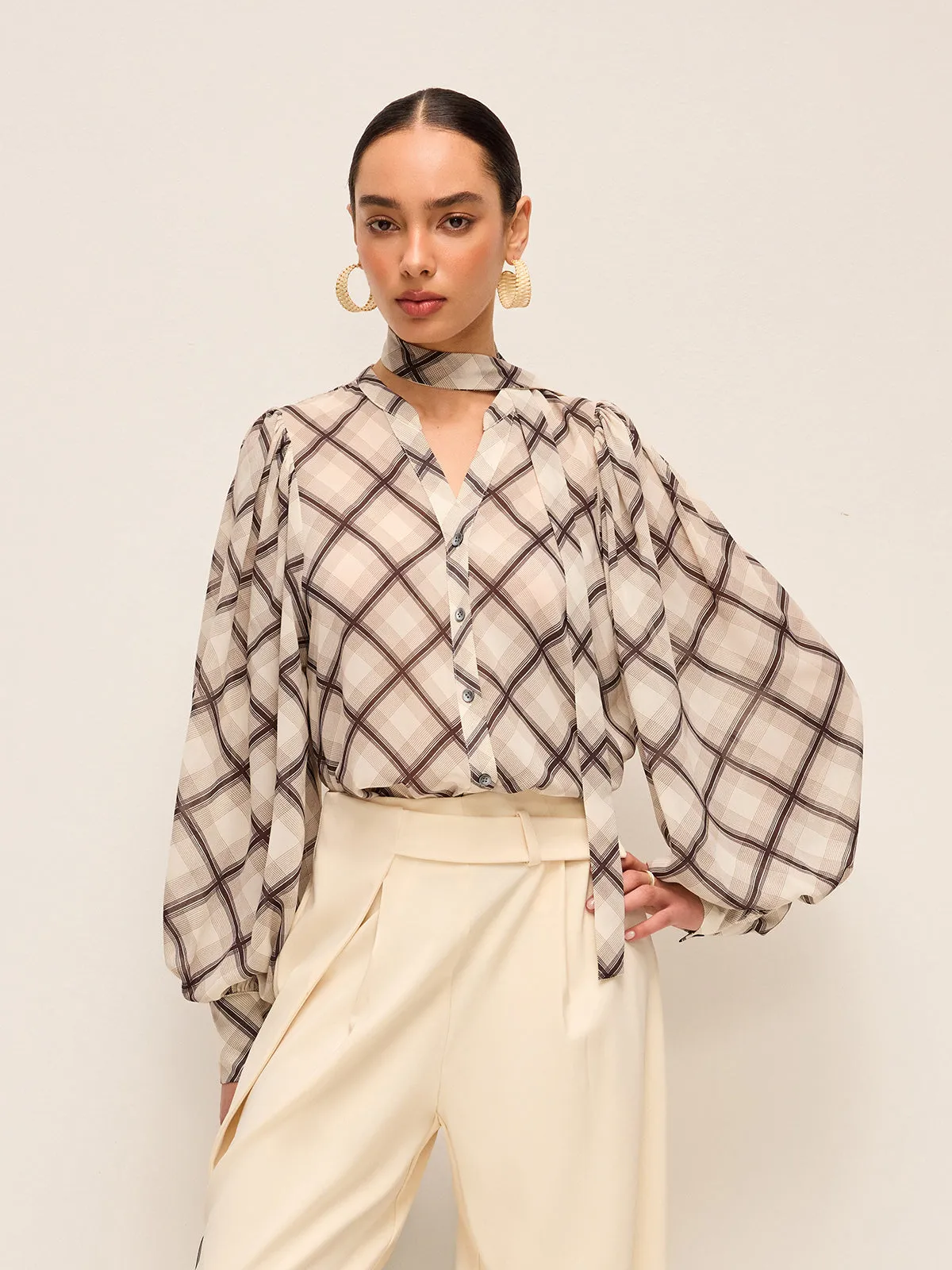 Long-Sleeve Plaid Chiffon Shirt With Neck-Tie Detail sold by COMMENSE product image thumbnail 4