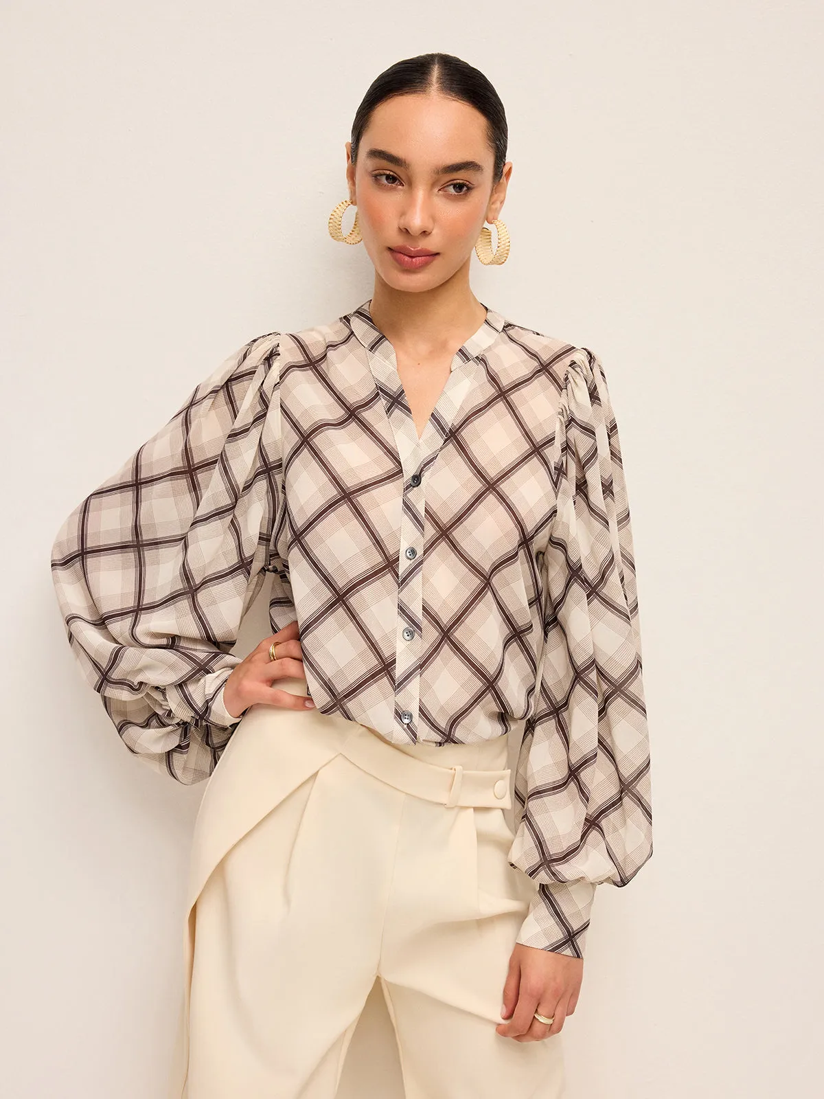 Long-Sleeve Plaid Chiffon Shirt With Neck-Tie Detail sold by COMMENSE product image thumbnail 2