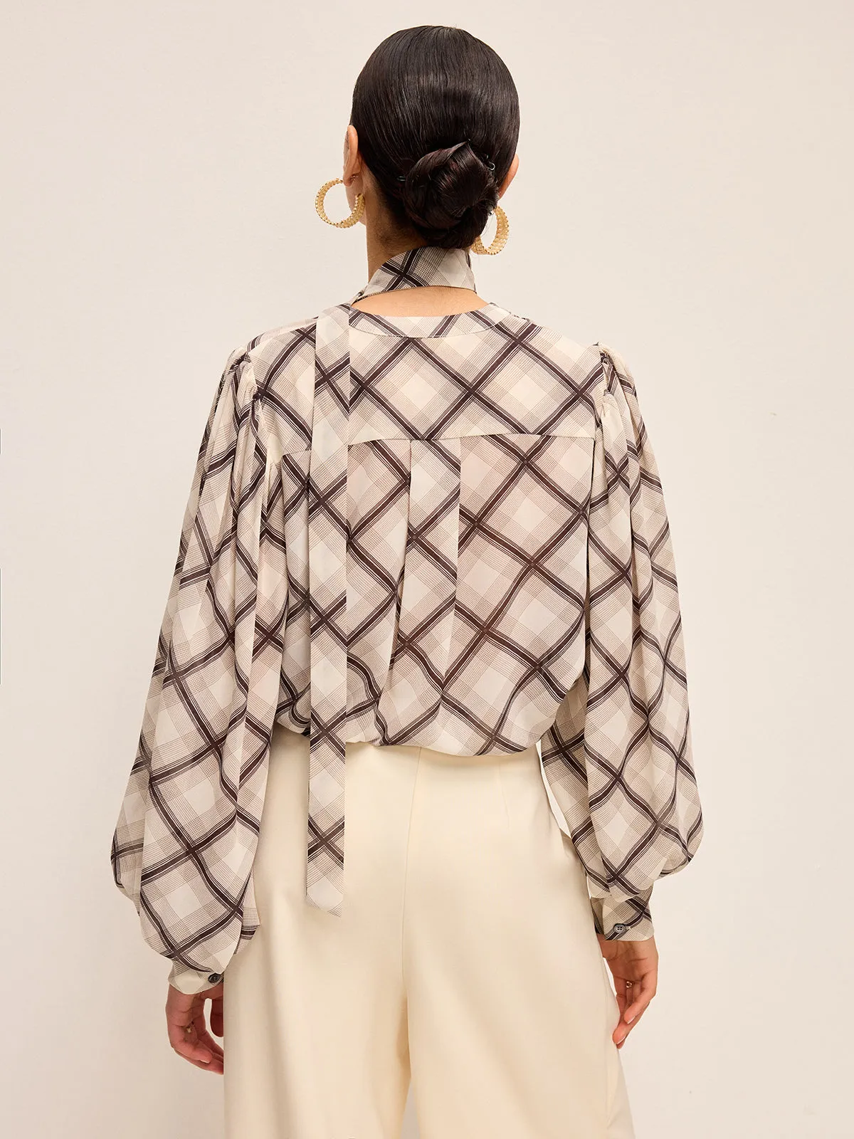 Long-Sleeve Plaid Chiffon Shirt With Neck-Tie Detail sold by COMMENSE product image thumbnail 3