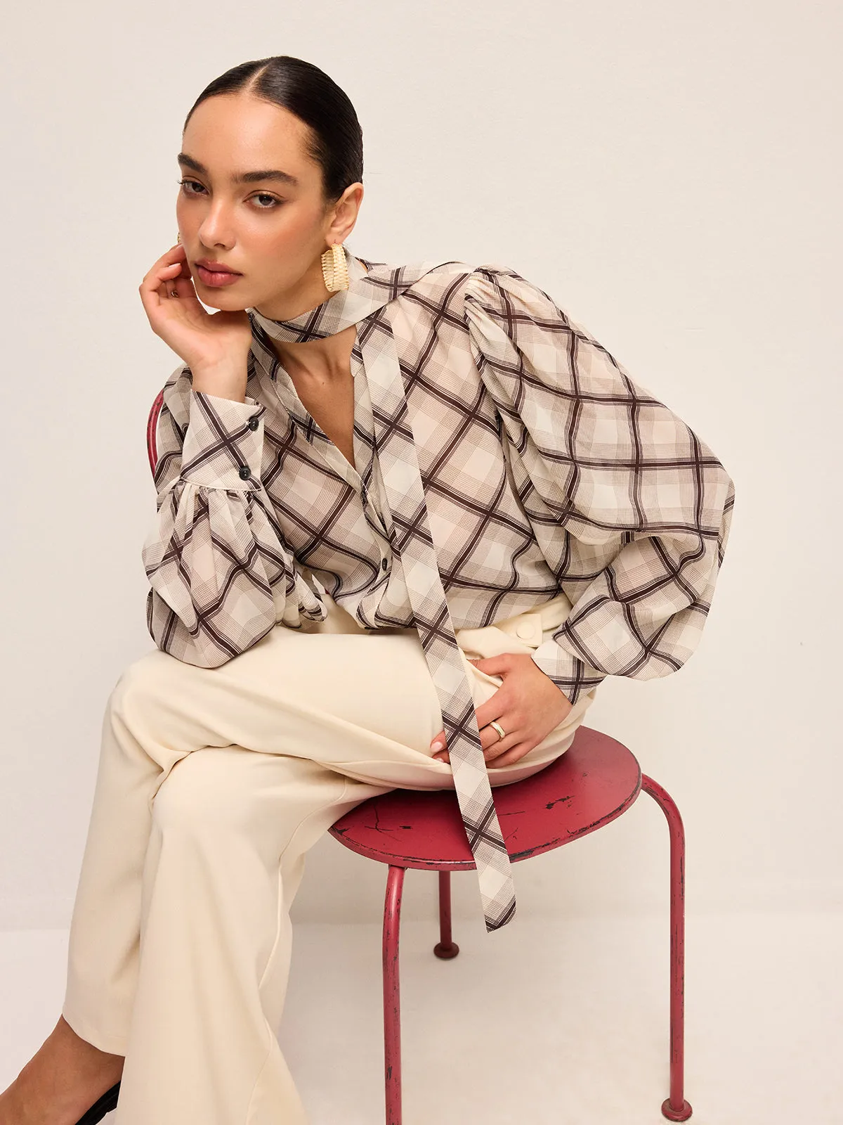 Long-Sleeve Plaid Chiffon Shirt With Neck-Tie Detail sold by COMMENSE