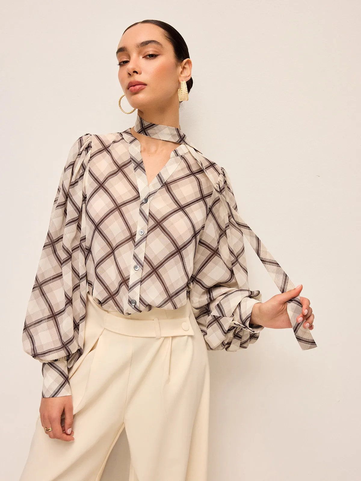 Long-Sleeve Plaid Chiffon Shirt With Neck-Tie Detail sold by COMMENSE product image thumbnail 5