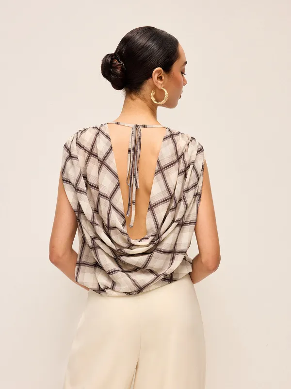 Sleeveless Plaid Backless Chiffon Shirt sold by COMMENSE