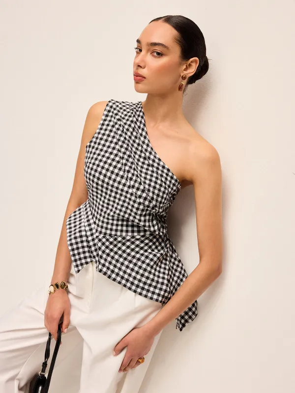 Asymmetrical Checkered One-Shoulder Tank Top sold by COMMENSE