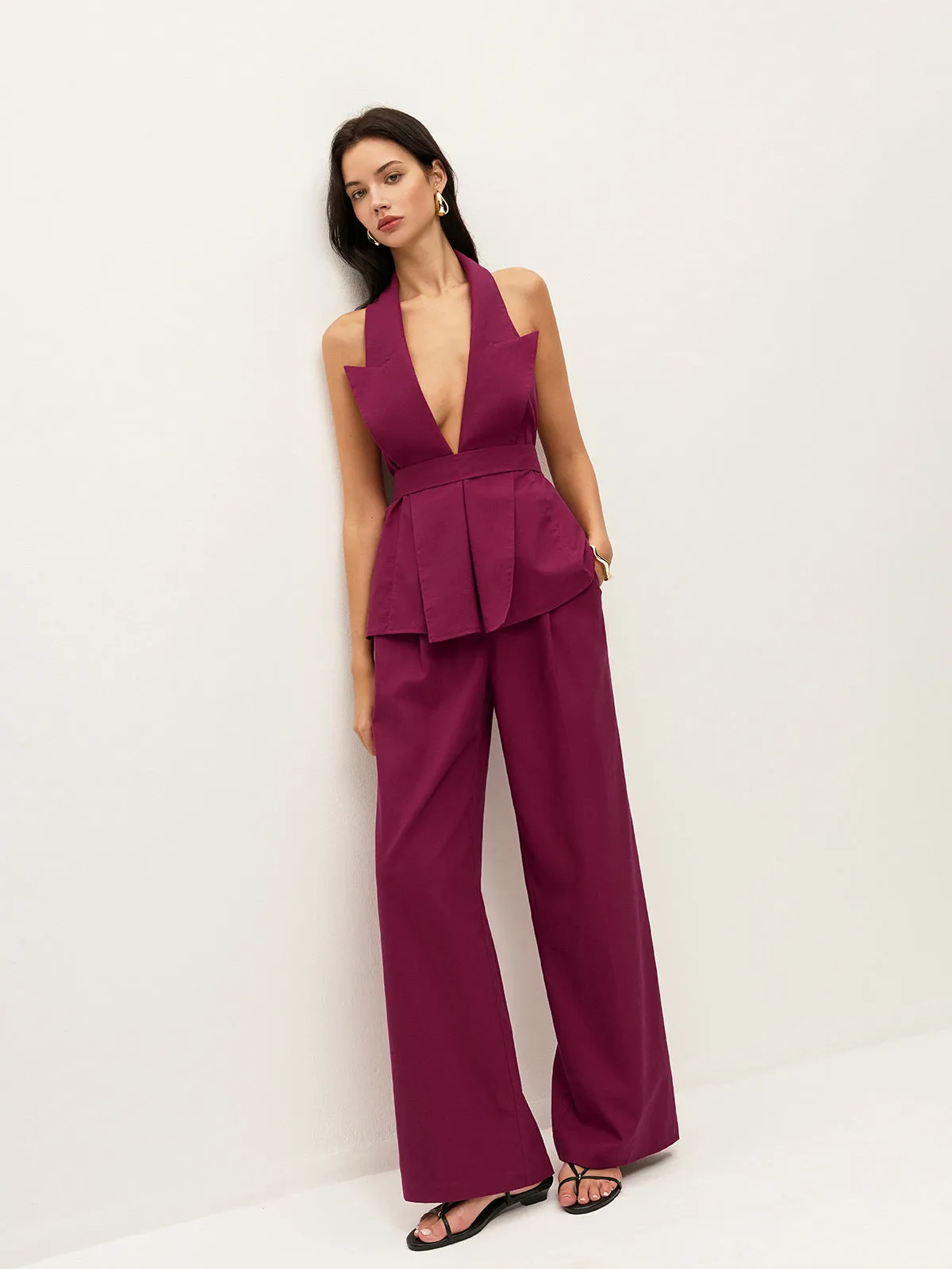 Halter Neck Belted Pocketed Pants Set sold by COMMENSE