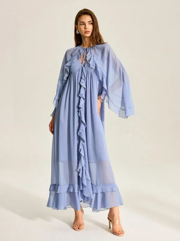 Semi-Sheer Cape Two-Piece Ruffled Chiffon Dress sold by COMMENSE