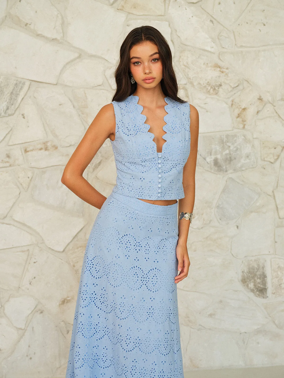 Scalloped Neckline Button-Front Eyelet Crop Top sold by COMMENSE product image thumbnail 4