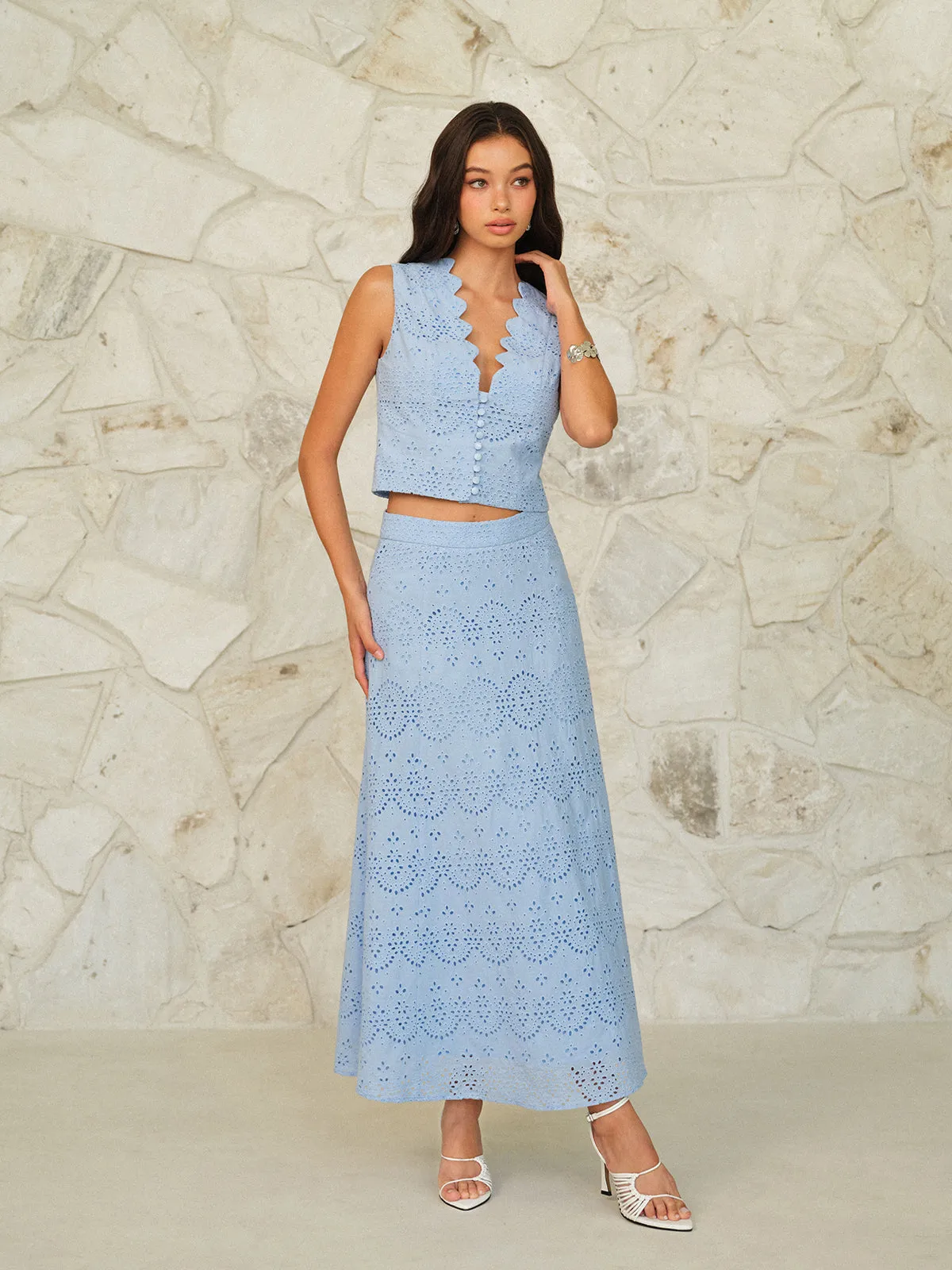 Scalloped Neckline Button-Front Eyelet Crop Top sold by COMMENSE product image thumbnail 2