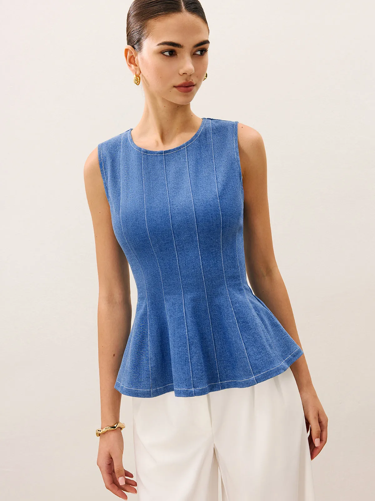 Denim Peplum Top sold by COMMENSE