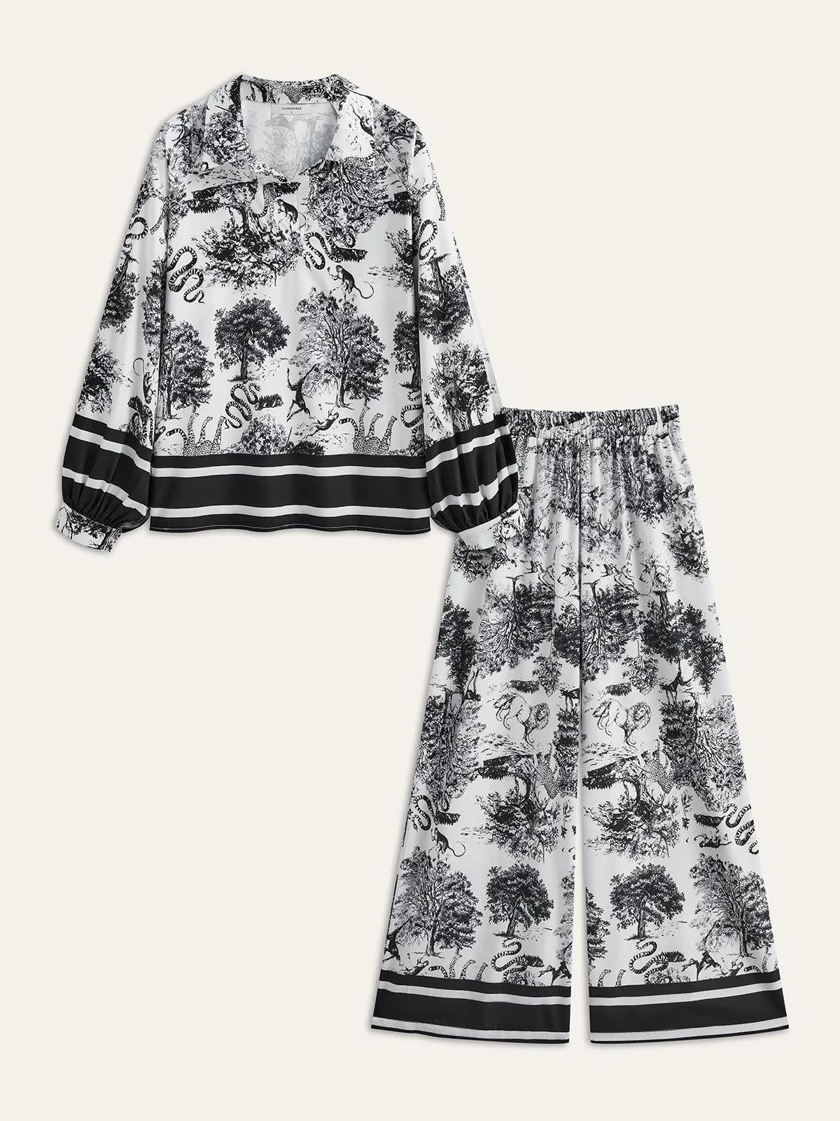 Printed Pants Set With Striped Trim sold by COMMENSE