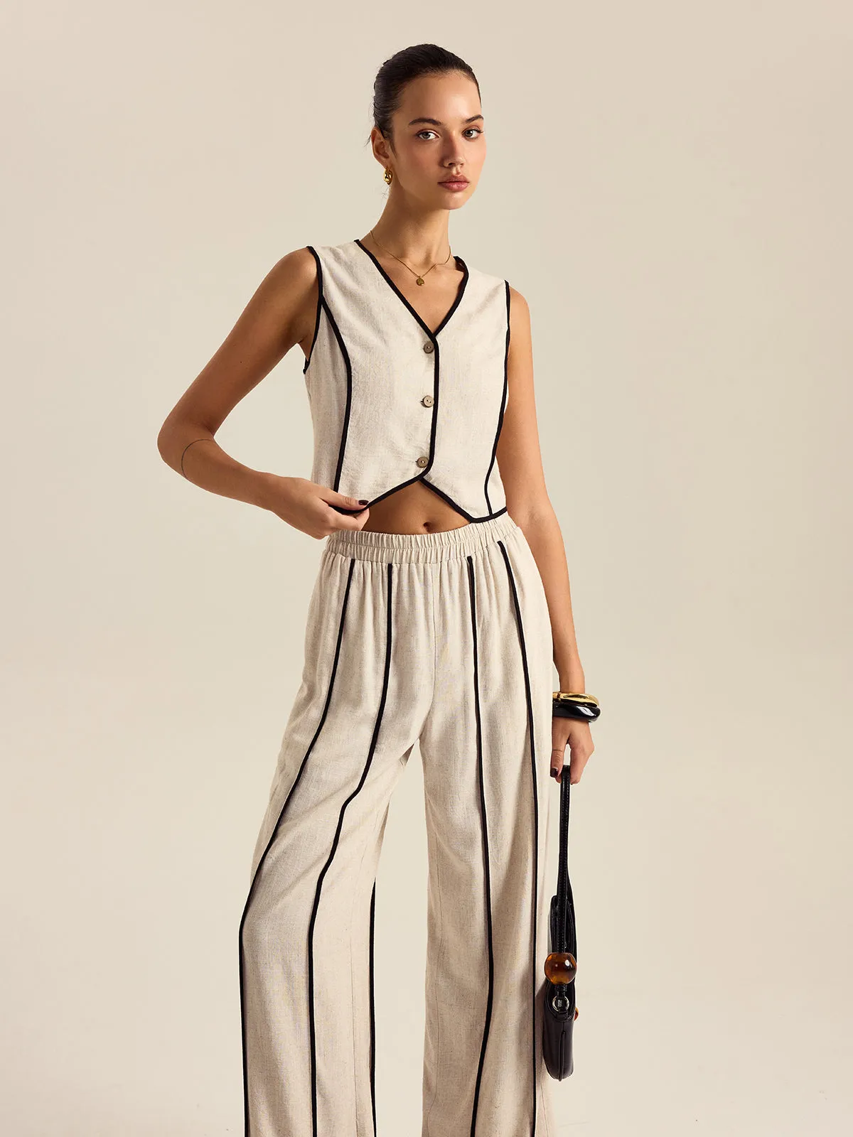 Linen & Cotton Striped Pants Set With Elastic Waist sold by COMMENSE product image thumbnail 3