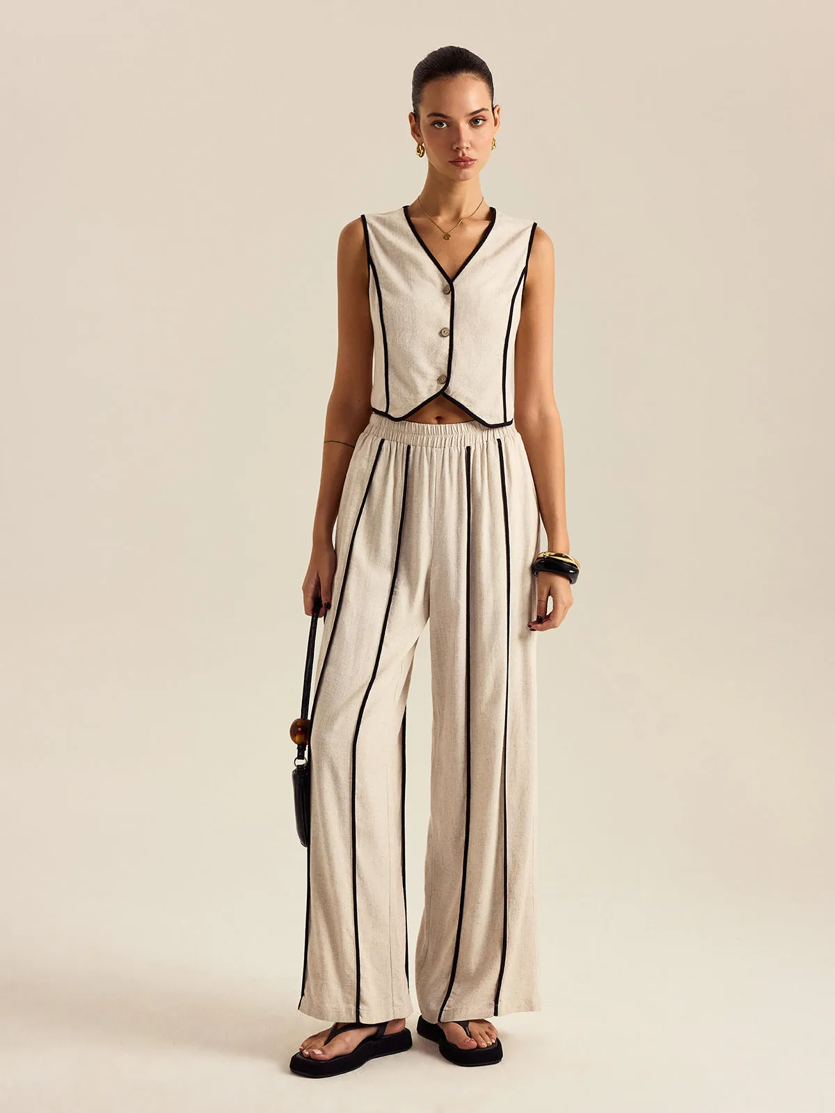 Linen & Cotton Striped Pants Set With Elastic Waist sold by COMMENSE