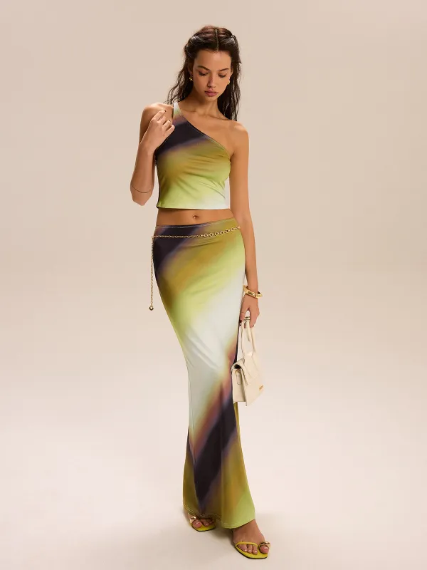 Gradient Print One-Shoulder Skirt Set sold by COMMENSE