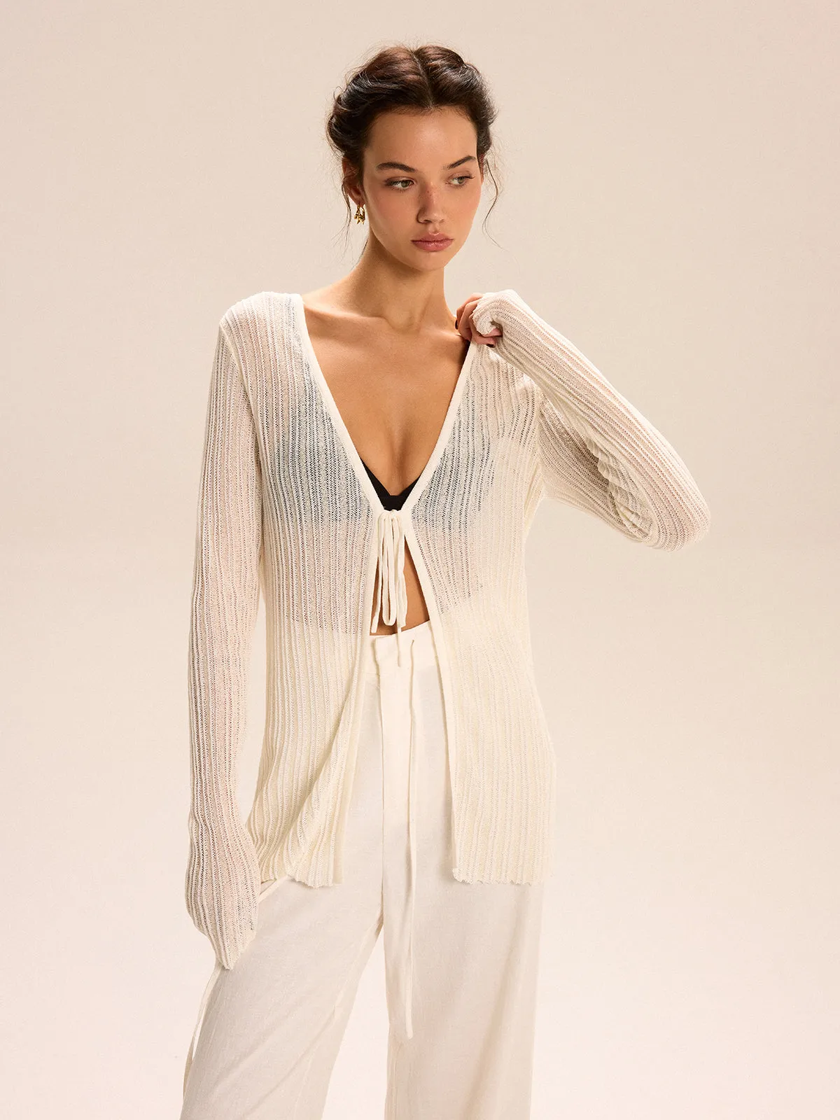 Sheer Ribbed Knit Cardigan With Tie-Front sold by COMMENSE product image thumbnail 4